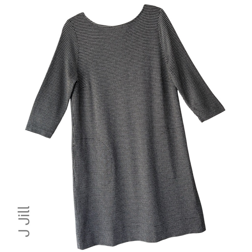 J JILL | PONTE KNIT BLACK & WHITE SHIFT DRESS BOAT NECK 3/4 SLEEVE POCKETS SMALL